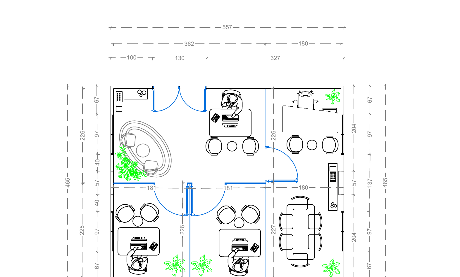 Floor plan drawing of Multi-Room Foldable Caravan showing workstations, meeting room, lounge and conference room with dimensions in centimetres