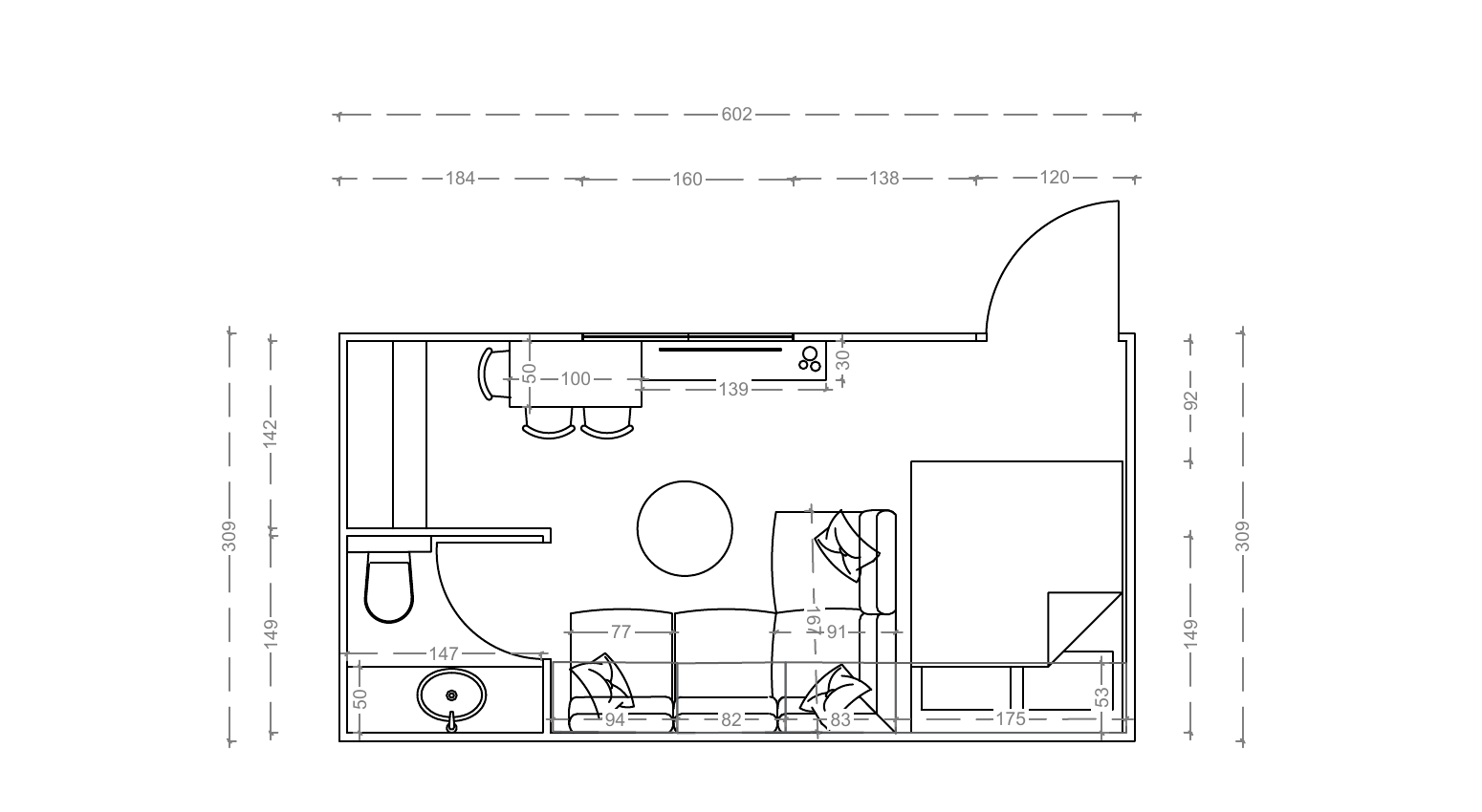 Floor plan drawing of the Tegola Smart Caravan showing kitchenette, bathroom, lounge and bedroom with dimensions in centimetres