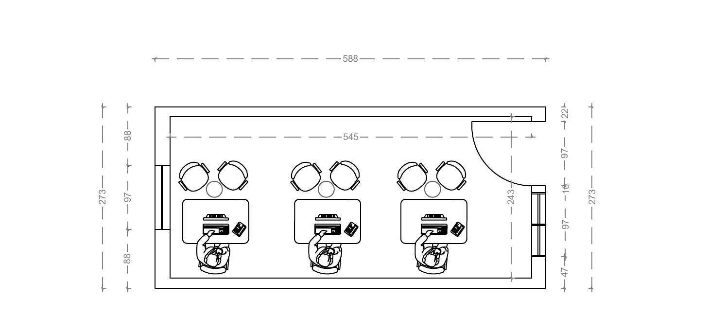 Floor plan drawing of Site Office Foldable Caravan showing three workstations with dimensions in centimetres